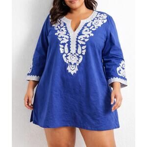 Raj Cotton Embroidered Long Sleeve Mini Cover Up Dress Blue White XXL